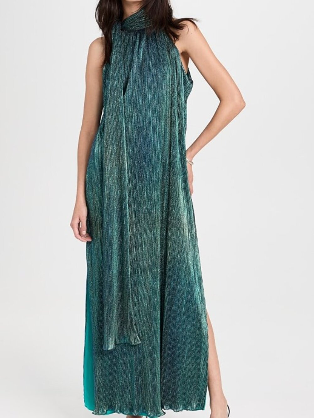 NWOT Black Halo EVE Henna Green Metallic Pleated Halter Gown Size S